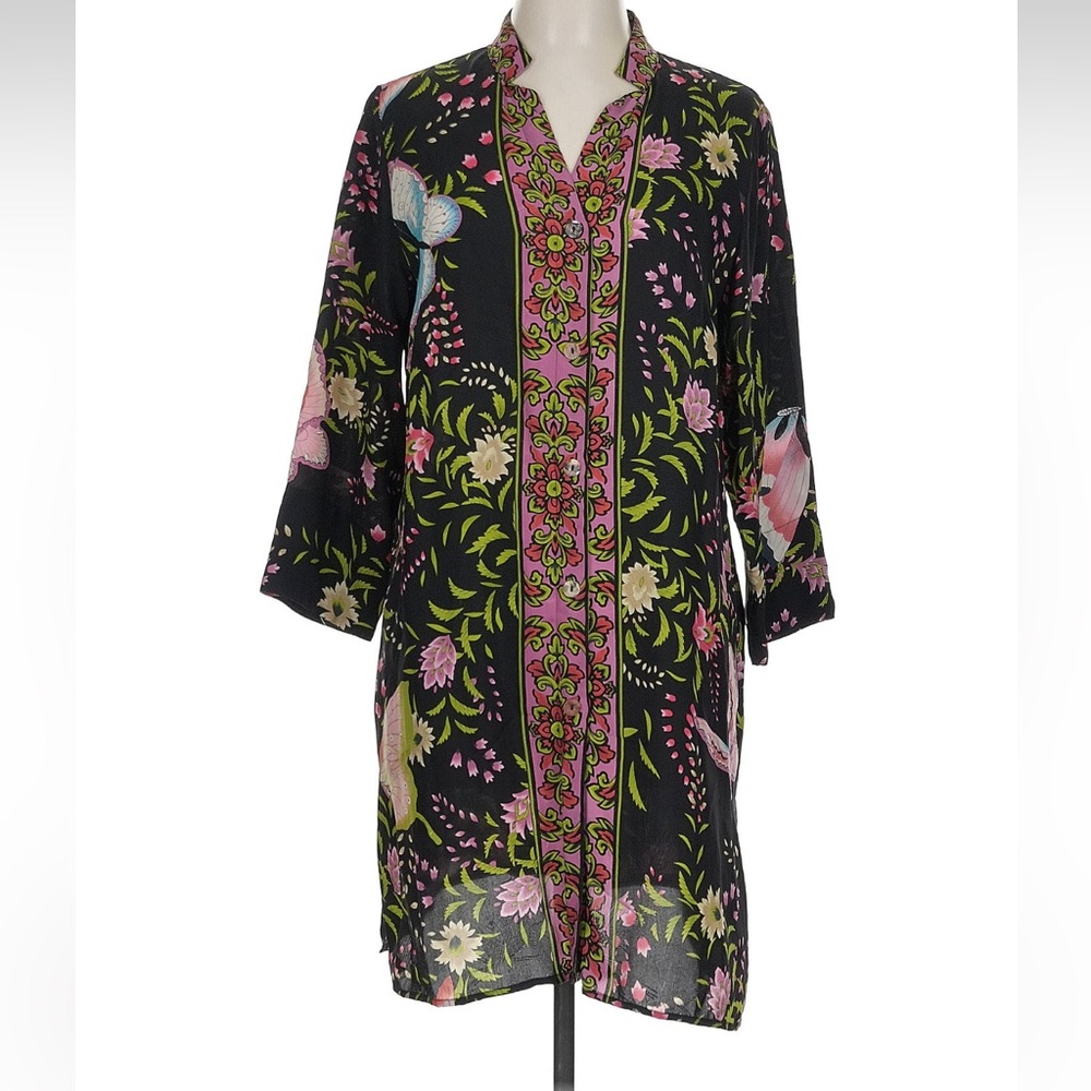 Citron Santa Monica Dress Tunic long top 100% silk floral‎ Asian butterflies L